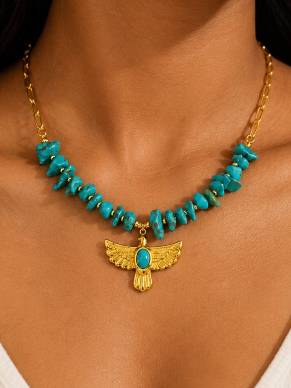 Boho Winged Eagle Charm Necklace, Thunderbird Pendant, Gold Turquoise Stone
